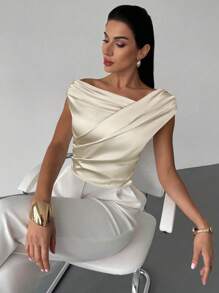 Firerie 女士优雅简约时尚性感日常通勤音乐节度假不对称领口垂坠杏色缎面短款上衣，春夏