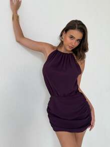 Aloruh Damen elegantes einfarbiges Neckholder-Minikleid, Sommer - Babyblau - Übersicht 4