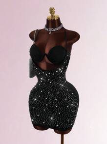 Amplova Đầm ôm sát cổ khoét sâu đính hạt và đá Rhinestone - màu đen - Xem 4