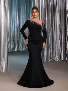 Glamrae Große Größen elegantes luxuriöses schwarzes Kleid mit Strass + Perlendesign, Langarm, elastisch, gerafft im Meerjungfrauenstil, geeignet für Hochzeiten, Singles-Partys, Urlaub, Bälle, formelle Anlässe (strapazierfähig)