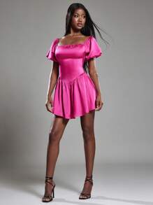 NYA SZN Dress Off The Shoulder Puff Sleeve Satin Bright Pink Mini Bridal Bridesmaid Special Occasion Sundresses Summer Spring Statement Valentines Day Carnival Outfits For Women