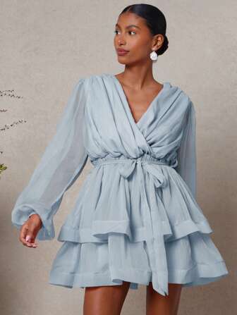 L'Amorae Elegant sommarklänning med knytband, puffärm och lanternärm för kvinnor, V-ringning, flera lager och böljande, sommarkläder för kvinnor, semesterkläder för kvinnor, födelsedagskläder