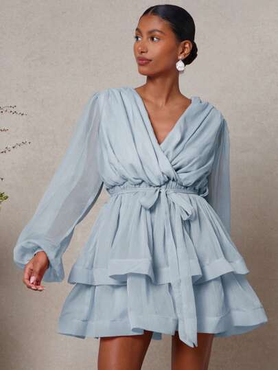 L'Amorae 女士优雅系带泡泡袖灯笼袖V领层叠飘逸夏季迷你连衣裙，女士夏季服装，女士度假服装，生日服装