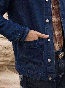 Manfinity Homme Casual Dark Washed Blue Loose Fit Denim Jacket With Large Pockets, Spring/Summer