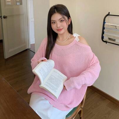 대비 레이스 타이 숄더 루즈 귀여운 플러스플러스 사이즈 여성 풀오버 스웨터 가을