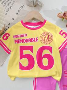 SHEIN 2 件套年轻女孩休闲简约短袖上衣和短裤套装，适合夏季