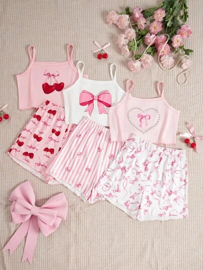Set de 3 piezas de pijama de camiseta y pantalones cortos con estampados de corazón, moño y cereza, de estilo casual y lindo para adolescentes, para verano