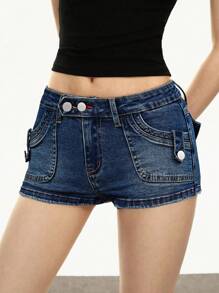 Rina Fox Quần short denim túi hai nút thường ngày dành cho nữ - Rửa tối - Xem 6