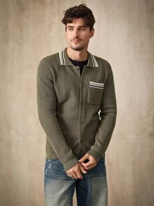 Manfinity Homme Áo khoác cardigan sọc tương phản thường ngày cho nam - Màu xanh Ô liu - Xem 4
