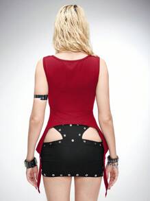 ROMWE Grunge Punk Asymmetric Hem Black Punk Functional Knit Top For Women - Burgundy - View 2