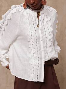 Lumalex VITNOS 2025 Autumn/Winter New Luxury Bohemian Vintage Casual Fashion White Lace Patchwork Long Sleeve Blouse, Suitable For Easter, Music Festivals, Halloween, Back To School, Daily Outings, Parties