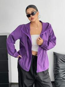 Flirla 大码女式秋冬立领方领连帽夹克，紫色长袖，真口袋，前拉链，夜光，防水，优雅复古休闲运动学院风 - 紫色 - 查看 4