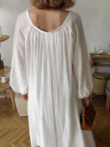 INAWLY Rochie de damă la modă, casual, retro, romantică, minimalistă, cu mânecă lungă, de culoare solidă, potrivită pentru vacanță - alb - Vizualizare 3