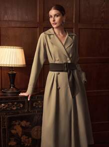 ZEYLAH Fashionable & Elegant Pleated Waist A-Line Long Windbreaker, Autumn/Winter