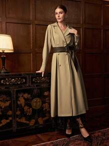 ZEYLAH Fashionable & Elegant Pleated Waist A-Line Long Windbreaker, Autumn/Winter