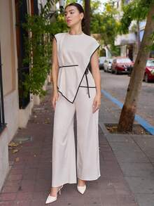 Andrea Bello Women 2Pcs Set: Asymmetric Hem Top And Loose Wide Leg Pants, Casual Outfit - Apricot - View 1