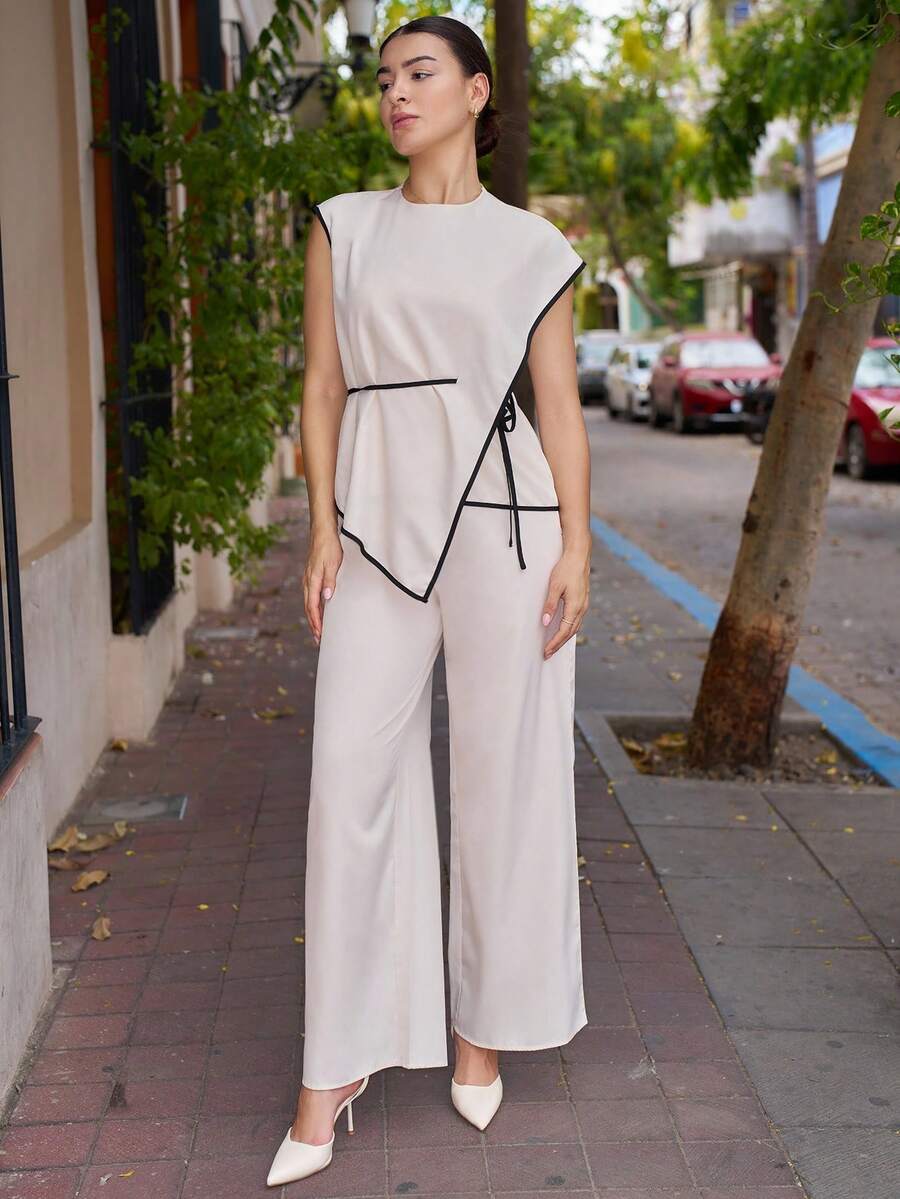 Andrea Bello Women 2Pcs Set: Asymmetric Hem Top And Loose Wide Leg Pants, Casual Outfit - Apricot - View 1