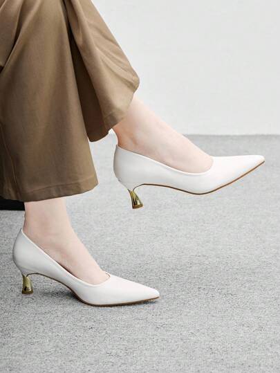 CUCCOO BIZCHIC Women's Fashion White Patent PU Pointed Toe Slip-On Shoes, Simple Design For Evening, Commute, Party, White Office Work Pumps With Small Heels For Christmas