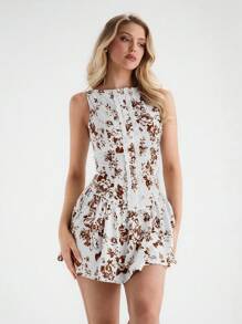 Glamine 杏色蓝色花卉复古优雅无袖编织纽扣蕾丝下摆A字迷你公主裙，蓝色花卉印花，春夏