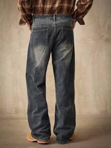 Manfinity Homme Jeans de mezclilla lavada azul grisácea de corte holgado, primavera/verano - Azul lavado medio - Ver 3