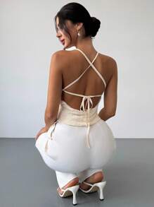 Firerie Áo hai dây buộc chéo hở lưng cổ thấp họa tiết thanh lịch, thời trang dành cho nữ, tiệc tùng hàng ngày, ngày lễ, màu mơ, xuân/hè, bãi biển, đi làm, thanh lịch, gợi cảm, kỳ nghỉ, bãi biển, bohemian, Hawaii, lễ hội âm nhạc, trang phục công sở, áo buộc phía trước - Màu be - Xem 6