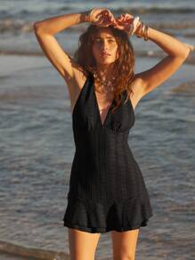 Aralina Women's Solid Color Backless Halter Mini Dress, Suitable For Vacation & Beach - Black - View 6