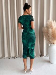 Lavishia Green Floral Print Round Neck Short Sleeve Women Dress Women Elegant Dresses Women Dresses Green