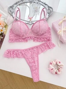 PetitDoll Set de 2 piezas Sujetador inalámbrico de encaje y jacquard para mujer, color rosa - Rosa - Ver 6