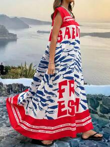 SHEIN Clasi 大码女式字母印花V领盖袖休闲连衣裙 - 彩色 - 查看 1