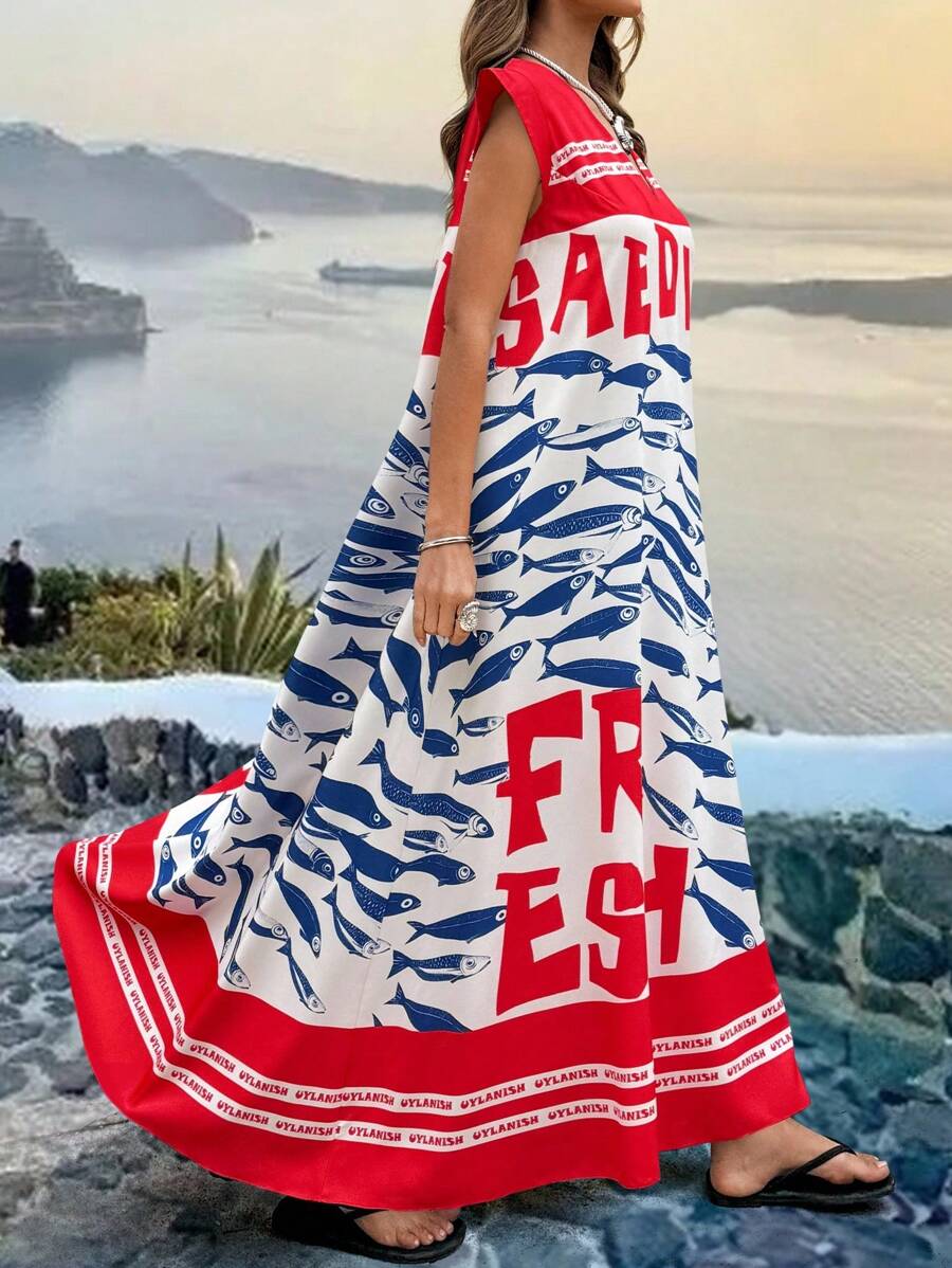 SHEIN Clasi 大码女式字母印花V领盖袖休闲连衣裙 - 彩色 - 查看 1