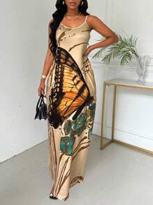 Lunelith SHEIN Lunessa 夏季时尚蝴蝶和花朵印花细肩带长裙女装