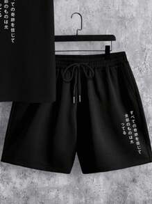 Manfinity Homme Japanese Style Red Sunset Japanese Lettering Typesetting Casual Printed Men's Standard Size Black Short Sleeve T-Shirt And Shorts Set