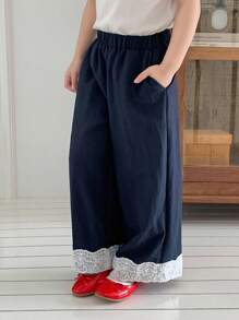 Dazy Kids 年轻女孩撞色蕾丝拼布阔腿牛仔裤 - 藍色 - 查看 4