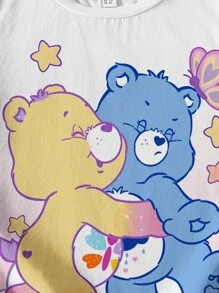 SHEIN X Care Bears 少女休闲渐变卡通熊图案短袖T恤，夏季 - 白色 - 查看 5
