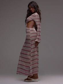 MUSERA Beige Autumn Boho Vacation Boat Neck Cut Out Long Sleeve Textured Patterned Crochet Striped Maxi Dress,Festival Holiday Beachwear Summer Ibiza Dress - Multicolor - View 4