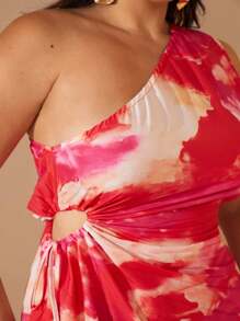 SHEIN BAE Váy quấn thắt nơ eo khoét lỗ thanh lịch, giản dị mùa xuân/hè cỡ lớn dành cho nữ, váy đi biển ôm sát, váy đi biển, váy xếp ly lệch vai nhiều lớp - Đỏ - Xem 5
