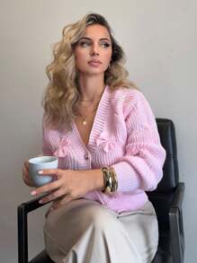 Jeta Ari Áo len cardigan nơ hồng mềm mại cho nữ, áo dài tay - Hồng - Xem 1