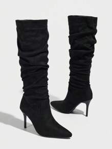 Daringsoles 女士尖头细高跟性感派对过膝靴，绒面革套穿皱黑色靴子，适合秋冬 - 黑色 - 查看 4
