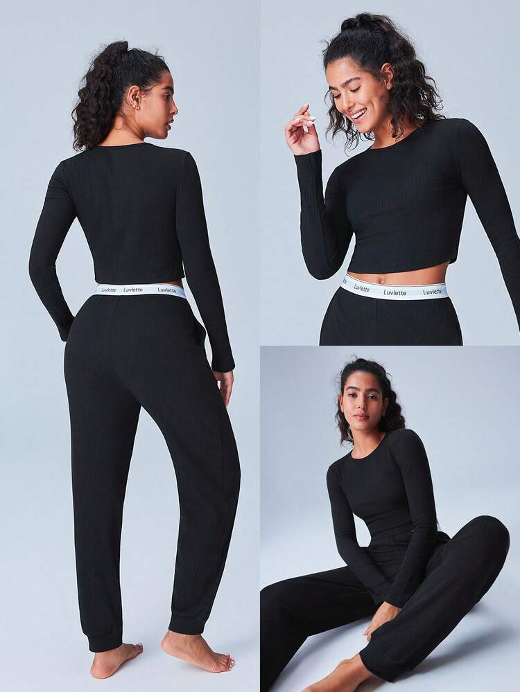 Women Black Soft Cotton Ribbed Tops For Women & Pants Airy Pajama Sets