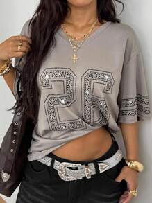 Coolane 女士夏季节日街头风 Y2K 钻石图案宽松 T 恤 - 灰色 - 查看 4