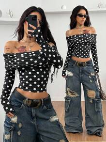 Coolane 女式秋季/四季狂欢街头休闲 Y2K 日常穿着波尔卡圆点黑色修身露肩长袖短款上衣 - 黑色 - 查看 1