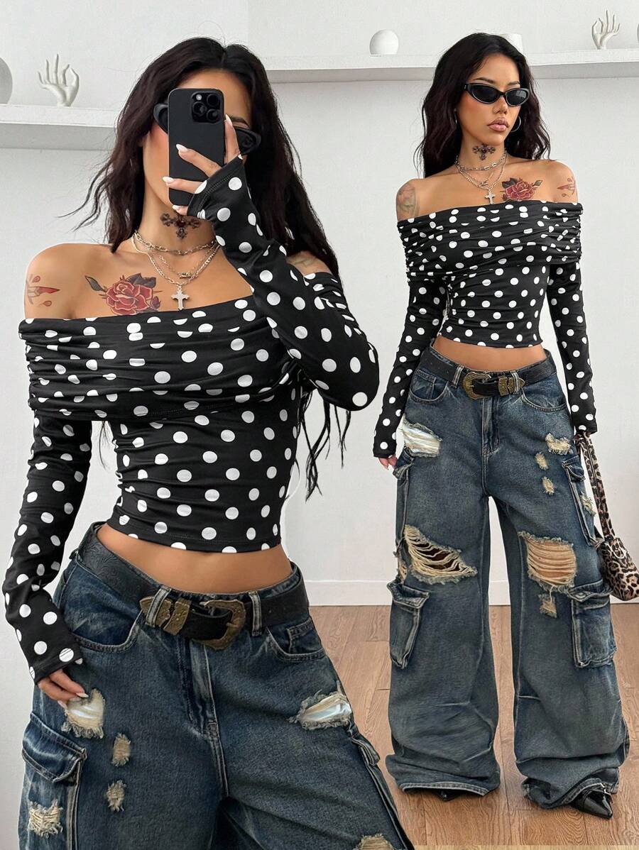 Coolane 女式秋季/四季狂欢街头休闲 Y2K 日常穿着波尔卡圆点黑色修身露肩长袖短款上衣 - 黑色 - 查看 1