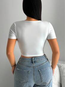 INAWLY Camiseta para mujer de manga corta y cuello en V ajustada y sexy - Blanco - Ver 2