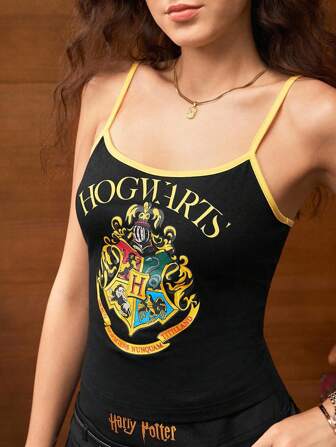 HARRY POTTER X SHEIN Women's Black Tight Camisole Top, Contrast Color, Four Houses, Graphic, Back To Sckool, Badge Pattern, All-Match