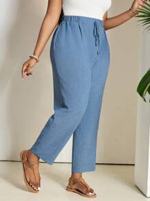 SHEIN PETITE CURVE Plus Size Solid Color Casual Trousers With Elastic Waist And Diagonal Pockets Women Pants Elastic Waist Pants, Suitable For People Of Shorter Stature,Business Casual Woman, Wearable In All Seasons - Dusty Blue - View 5
