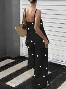 INAWLY 2pcs Women Plus Size Polka Dot Camisole Top And Pants Set, Minimalist & Fashionable - Black - View 2