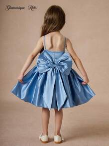 Glamorique Kids 四季少女甜美可爱生日派对礼服，无袖缎面花童婚纱，后背带大蝴蝶结公主裙 - 藍色 - 查看 1