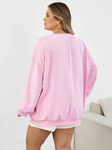 SHEIN CURVE+ 大码休闲花卉贝壳印花宽松圆领长袖运动衫，适合女士、秋季、冬季 - 粉色 - 查看 8