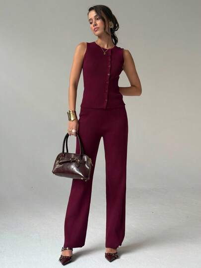 Aloruh 1 套梅紫色无袖薄披肩领开衫 + 直腿加长女毛衣裤，2 件针织套装