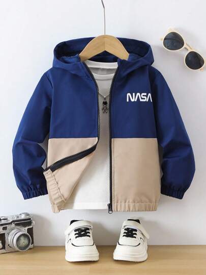 SHEIN Young Boy Letter Print Contrast Color Zipper Collar Hooded Jacket Chic Outfits For Autumn/Winter Fall